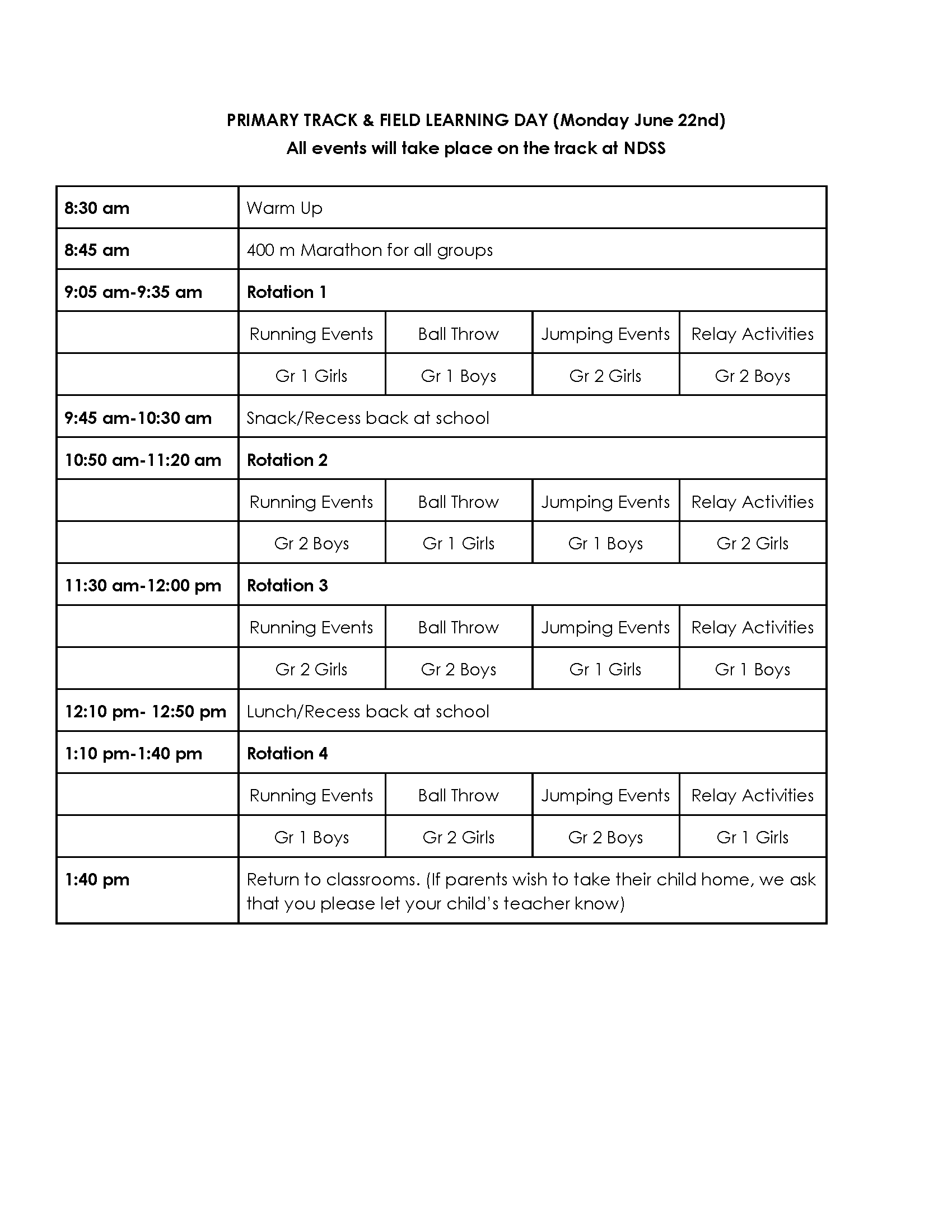 Primary Track Field Schedule 2026