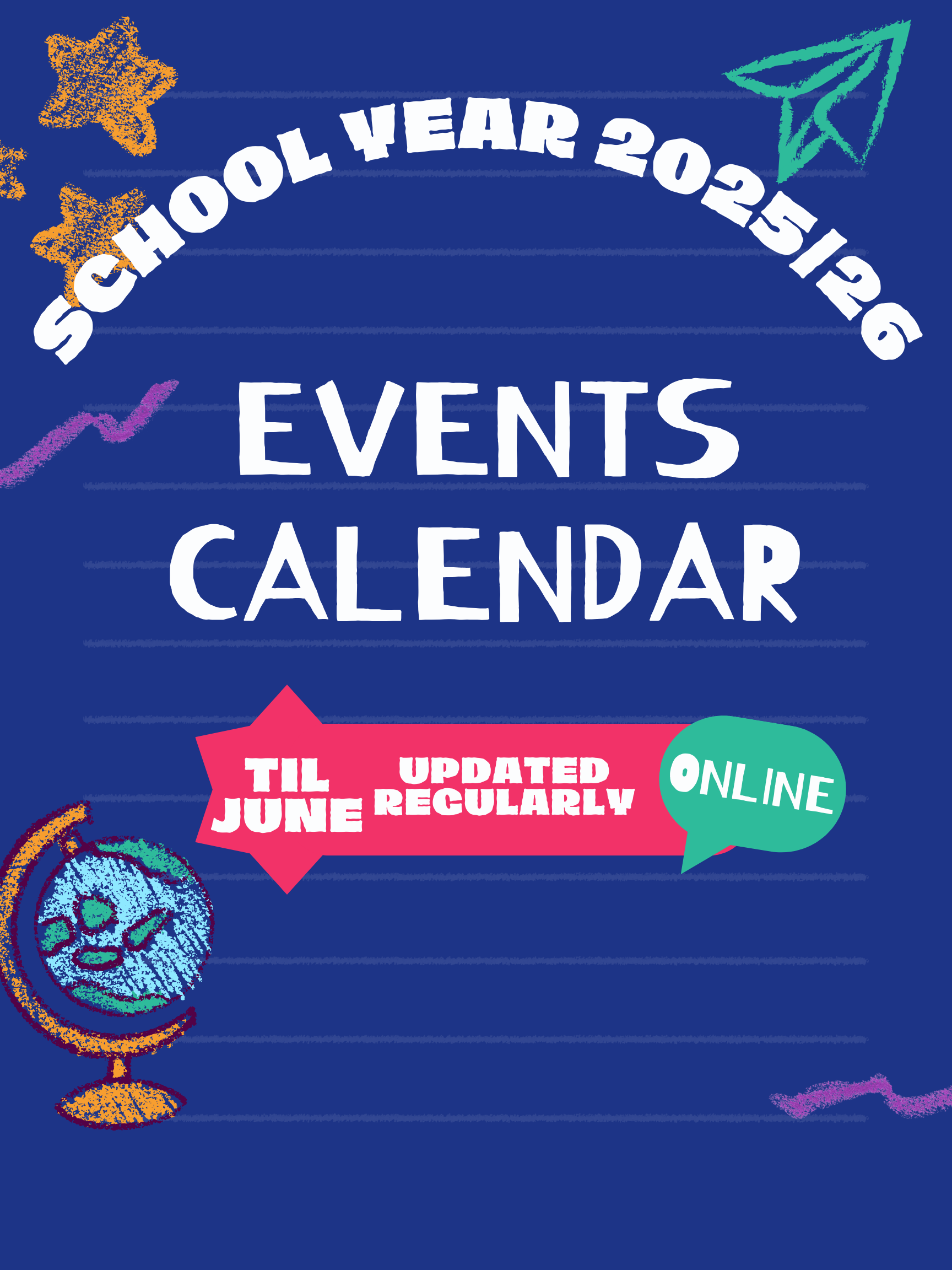 Blue White and Red Colorful Chalk School Events Calendar Poster